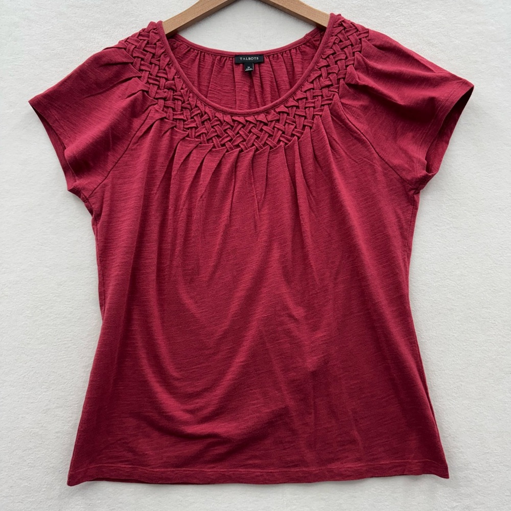Talbots Women’s Medium Burgundy Blouse Short Sleeve Braided Detail